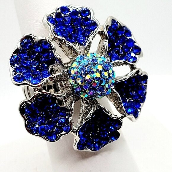 Blue Crystal Pave Set Flower Stretch Statement Ring Silver Tone LN Condition - Picture 1 of 5